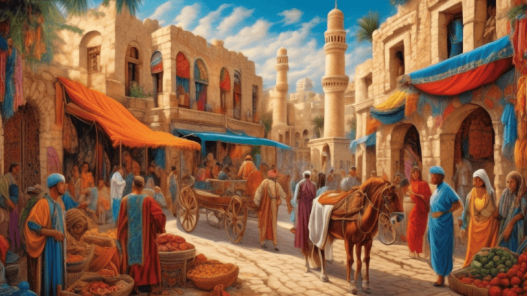 A vivid and intricate tapestry depicting the rich historical and cultural heritage of Tunisia, with ancient ruins, colorful markets, and diverse people interacting seamlessly in a vibrant and harmonio