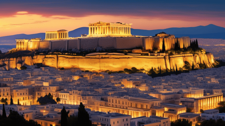 A panoramic view of Athens, Greece, showcasing its iconic landmarks such as the Acropolis, Parthenon, and Temple of Zeus, bathed in the golden hues of sunset, with a vibrant cityscape and the glimmeri
