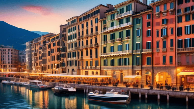 A vibrant and alluring cityscape of Genoa, Italy, with its iconic colorful buildings, bustling piazzas, and majestic waterfront. Capture the city's historical charm and modern elegance, showcasing its