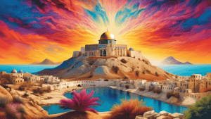 Create a captivating and surreal landscape image that embodies the enchantments of Israel, showcasing its vibrant culture, diverse landscapes, and ancient history. Depict a fusion of iconic landmarks,