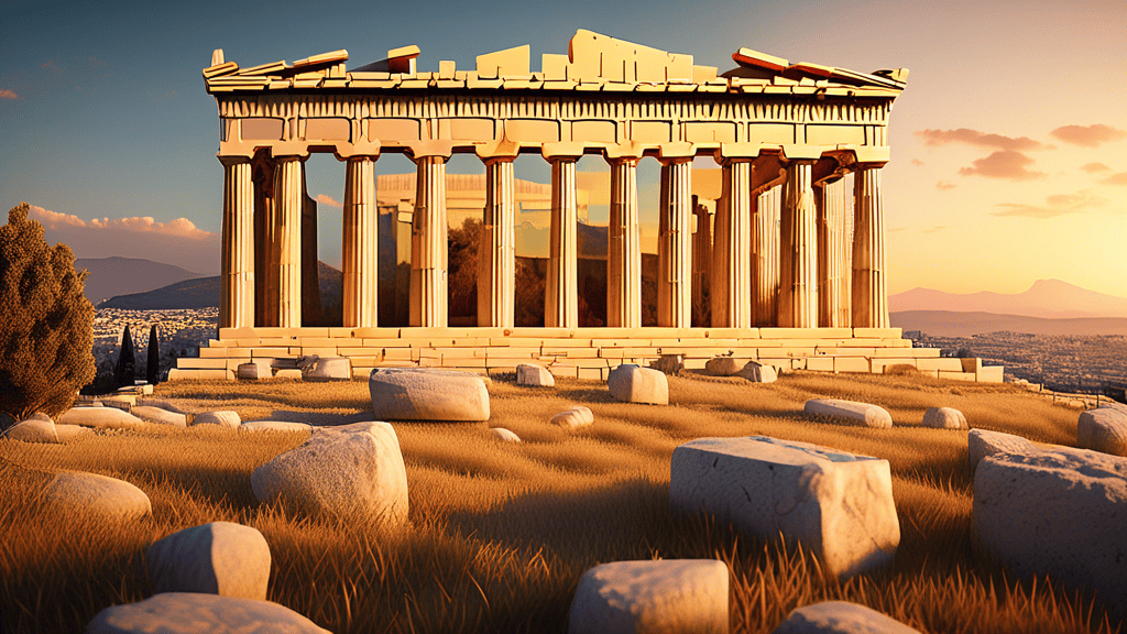 Create a vibrant and captivating image of the iconic Parthenon temple in Athens, Greece, bathed in warm golden light as the sun sets, with the Acropolis hill and the city skyline in the background, ev