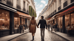 A couple holding hands and walking down a Parisian street lined with cafes and shops