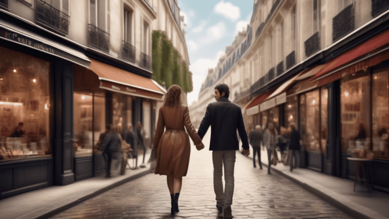 A couple holding hands and walking down a Parisian street lined with cafes and shops