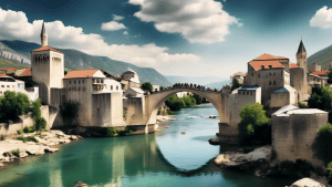 A panoramic view of the Stari Most (Old Bridge) in Mostar, Bosnia and Herzegovina, with the Neretva River flowing beneath it and traditional Ottoman architecture lining the banks.