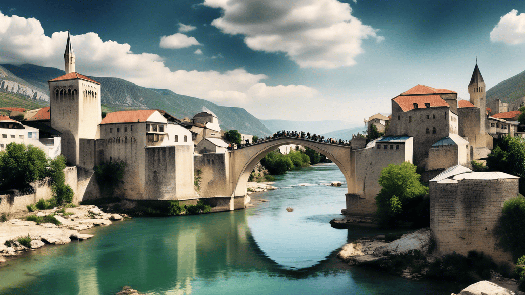 A panoramic view of the Stari Most (Old Bridge) in Mostar, Bosnia and Herzegovina, with the Neretva River flowing beneath it and traditional Ottoman architecture lining the banks.