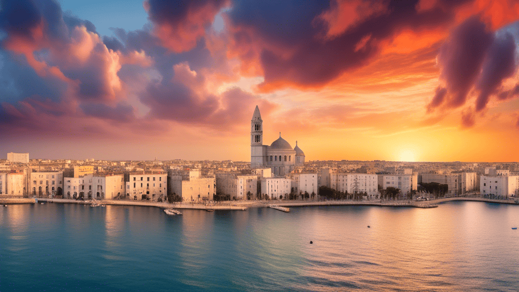 Panoramic photograph of Bari's historic center with the Basilica San Nicola and Bari Cathedral in the foreground and the Adriatic Sea in the background, under a vibrant sunset sky