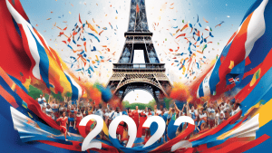 Create a dynamic and inspiring image that captures the spirit of the countdown to the Paris 2024 Olympic Games. Feature the iconic Eiffel Tower as a symbol of Paris, adorned with Olympic colors and sy