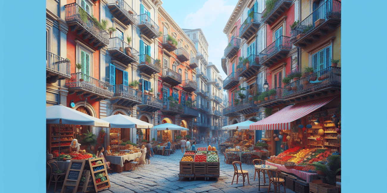 Create an illustration of a vibrant, picturesque Italian cityscape featuring charming narrow streets, colorful buildings with quaint balconies, bustling local markets, cafes with outdoor seating, and historic landmarks. The setting should convey affordability and inviting hospitality, with signs indicating the cities such as Palermo, Bologna, and Naples. The overall mood should be lively and welcoming, perfect for a budget-friendly adventure.