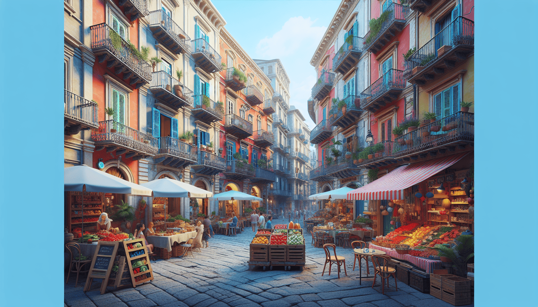Create an illustration of a vibrant, picturesque Italian cityscape featuring charming narrow streets, colorful buildings with quaint balconies, bustling local markets, cafes with outdoor seating, and historic landmarks. The setting should convey affordability and inviting hospitality, with signs indicating the cities such as Palermo, Bologna, and Naples. The overall mood should be lively and welcoming, perfect for a budget-friendly adventure.