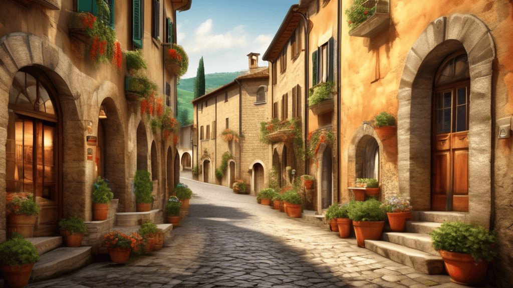 Create an image of a picturesque Italian town nestled in the rolling hills of Tuscany, showcasing charming cobblestone streets, quaint cafes, and historic architecture. The town should have a welcoming atmosphere, with locals enjoying their day and visitors exploring the affordable beauty of this hidden gem in Italy.