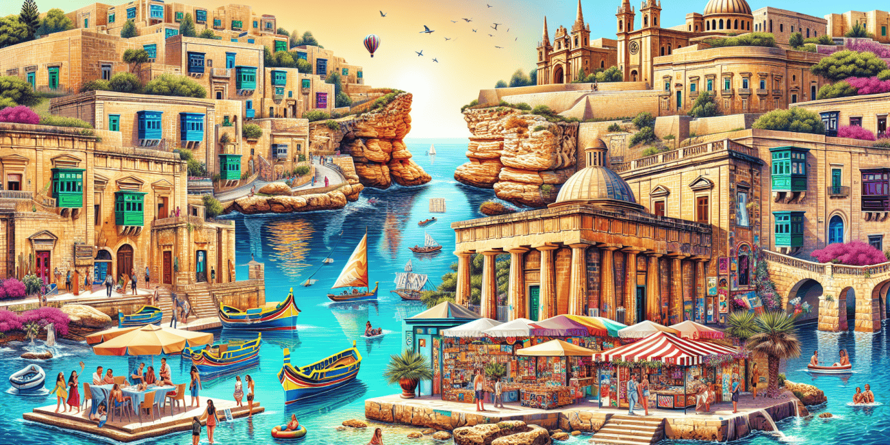 Create a stunning and vibrant digital illustration showing the diverse attractions of Malta. Include ancient megalithic temples, azure beaches with clear waters, historic streets of Valletta with colo