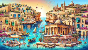 Create a stunning and vibrant digital illustration showing the diverse attractions of Malta. Include ancient megalithic temples, azure beaches with clear waters, historic streets of Valletta with colo