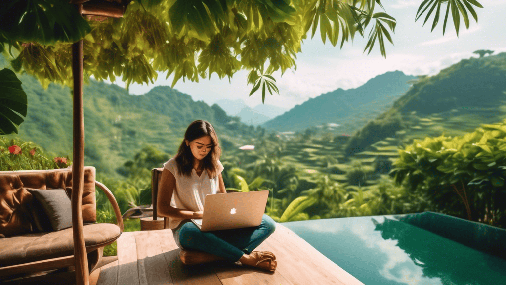 A vibrant photo capturing the essence of digital nomad travel, featuring a person working on a laptop in a serene outdoor setting, surrounded by lush greenery and a stunning view. The image conveys a