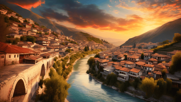 An enchanting sunset view over the ancient city of Berat, Albania, showcasing traditional Ottoman-style architecture and the flowing Osum River, with vibrant colors and detailed historical textures in