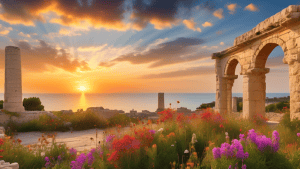 Beautiful sunset at the ancient ruins of Carthage in Tunisia, with a foreground of vibrant wildflowers and a group of tourists exploring, framed by the Mediterranean Sea in the background.