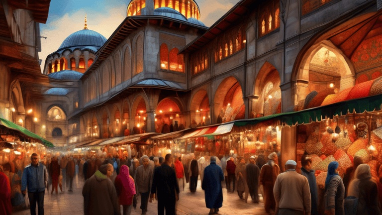 Detailed digital painting of a bustling Grand Bazaar in Istanbul, with vibrant stalls, diverse tourists exploring, traditional Turkish lamps and textiles on display, and the Hagia Sophia in the backgr