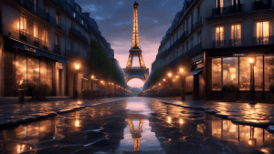 An elegant Parisian cityscape at twilight, with the Eiffel Tower illuminated in the background and the city lights reflecting on the wet cobblestone streets