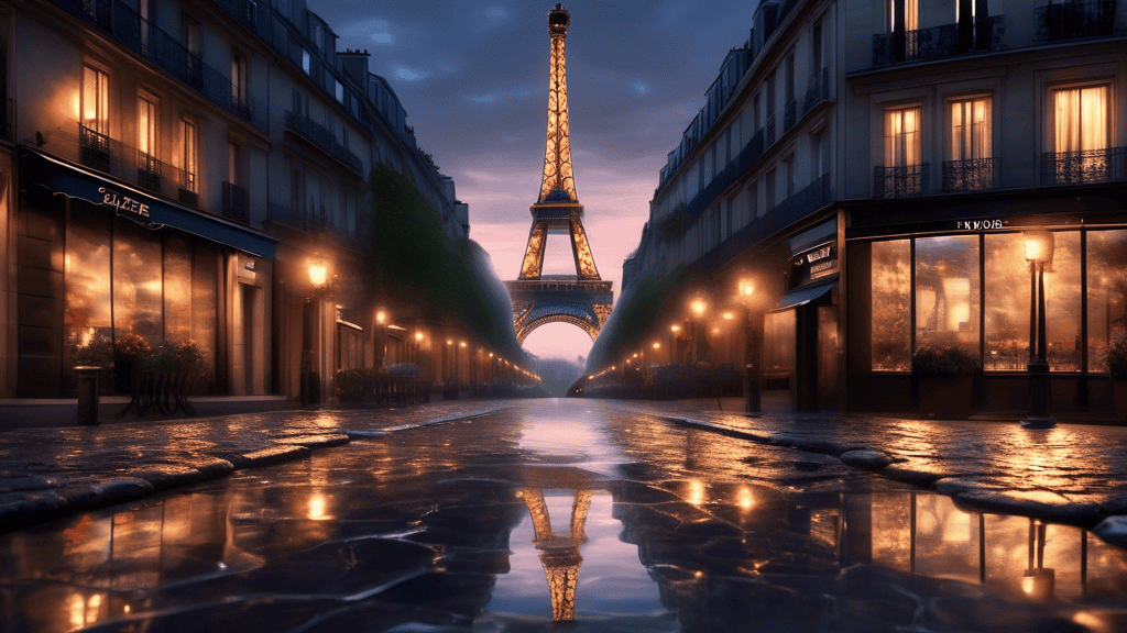 An elegant Parisian cityscape at twilight, with the Eiffel Tower illuminated in the background and the city lights reflecting on the wet cobblestone streets