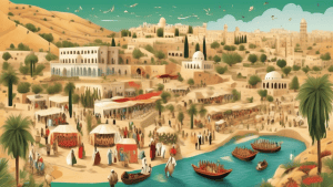 An illustrated map of Palestine, highlighting historical landmarks, traditional cuisines, and vibrant cultural festivals, with representations of people in traditional Palestinian dress, set against a