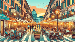 Create an artistic illustration of a vibrant Roman street scene at twilight, showcasing a variety of charming outdoor restaurants with inviting terraces. Each restaurant should have a sign with names