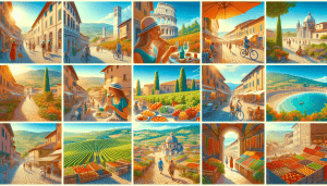 Create an image showcasing a picturesque, budget-friendly travel experience in Italy. Include vibrant scenes of charming small towns with cobblestone streets, inviting street cafes, scenic countryside landscapes with vineyards, and famous yet affordable attractions like historical sites and local markets. Incorporate elements such as people enjoying gelato, riding bicycles through vineyards, and exploring quaint town squares to capture the essence of an affordable Italian adventure.