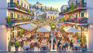 Create a vibrant and inviting image of top dining spots in Athens, Greece. Showcase a mix of traditional Greek tavernas, chic modern restaurants, and cozy sidewalk cafes. Highlight picturesque setting