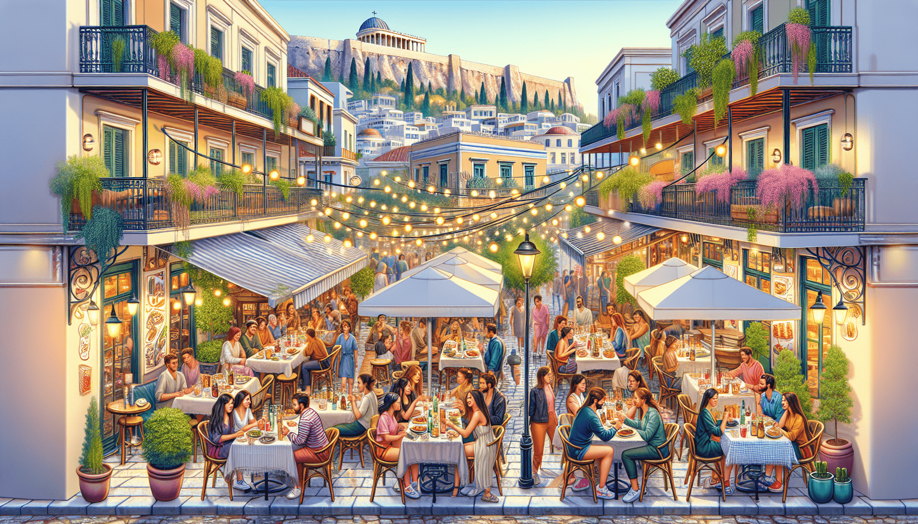 Create a vibrant and inviting image of top dining spots in Athens, Greece. Showcase a mix of traditional Greek tavernas, chic modern restaurants, and cozy sidewalk cafes. Highlight picturesque setting