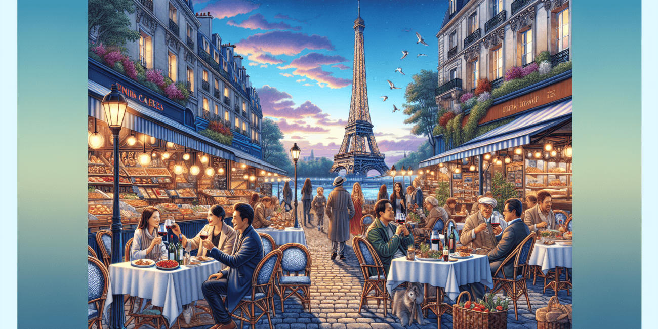 A picturesque scene featuring a variety of top dining spots in Paris, showcasing charming sidewalk cafes, elegant restaurants, and a bustling market with artisan food stands. The Eiffel Tower is visib