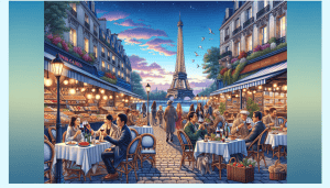 A picturesque scene featuring a variety of top dining spots in Paris, showcasing charming sidewalk cafes, elegant restaurants, and a bustling market with artisan food stands. The Eiffel Tower is visib