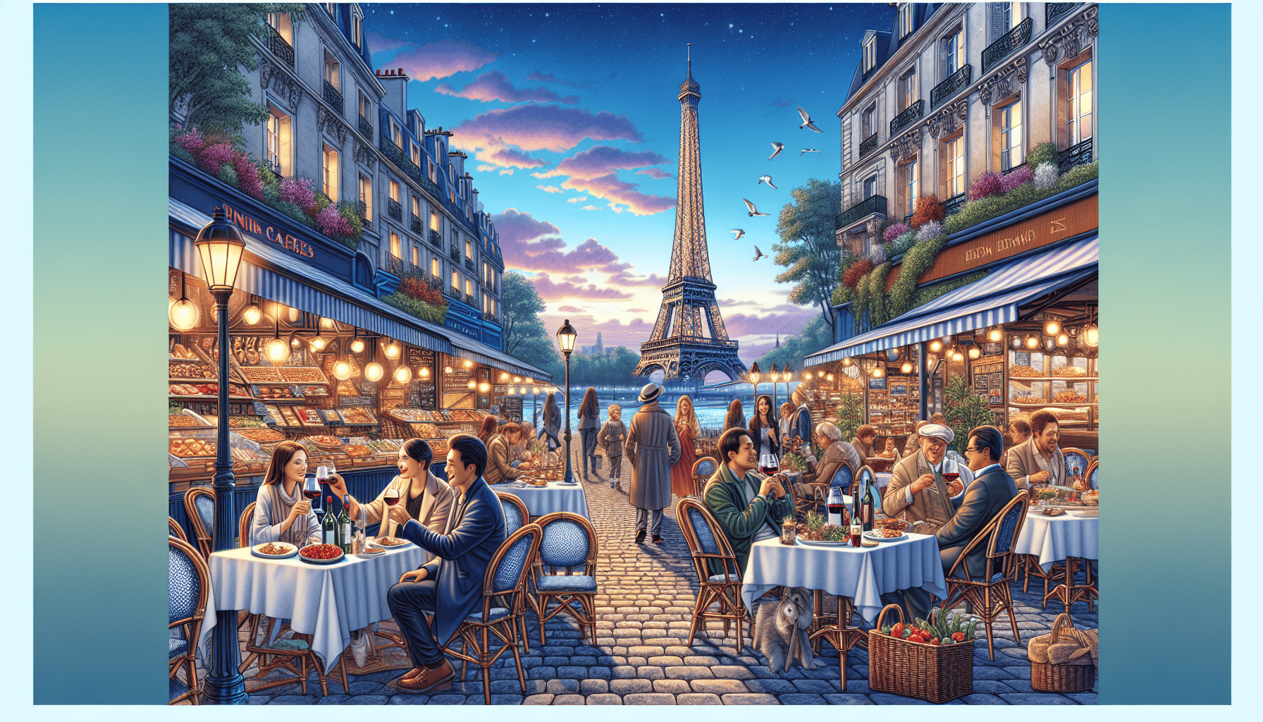 A picturesque scene featuring a variety of top dining spots in Paris, showcasing charming sidewalk cafes, elegant restaurants, and a bustling market with artisan food stands. The Eiffel Tower is visib