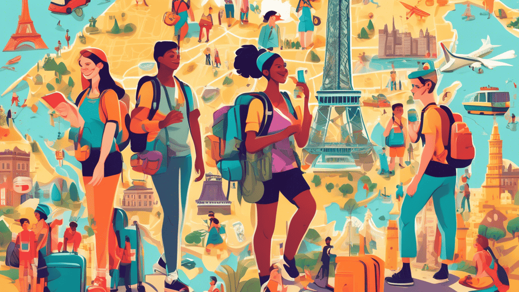 A vibrant, colorful illustration showing a diverse group of young backpackers using a large map to explore a city filled with iconic world landmarks like the Eiffel Tower, the Great Wall of China, and the Statue of Liberty, all surrounded by budget-friendly symbols such as coins, a piggy bank, a budget airline, hostels, and street food vendors.
