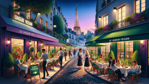 Create an image of a cozy Parisian street at twilight, lined with charming vegan restaurants. Highlight the restaurant signage with names like Le Jardin Vegan and Amour Vert, and have outdoor seating