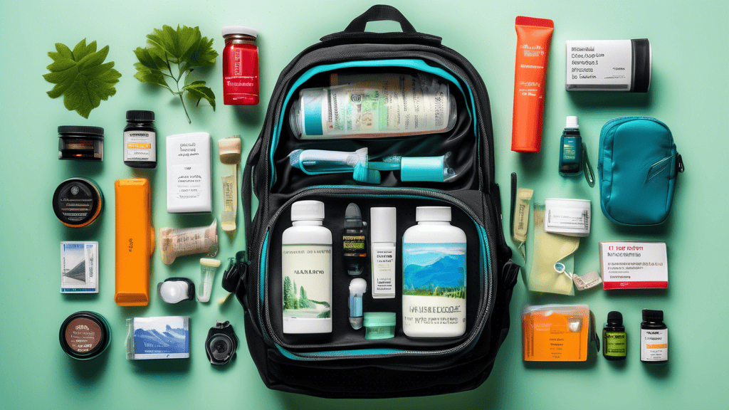A vibrant and comprehensive travel health essentials kit, neatly organized within a durable and portable backpack, against a backdrop of a scenic travel destination with landmarks and greenery.
