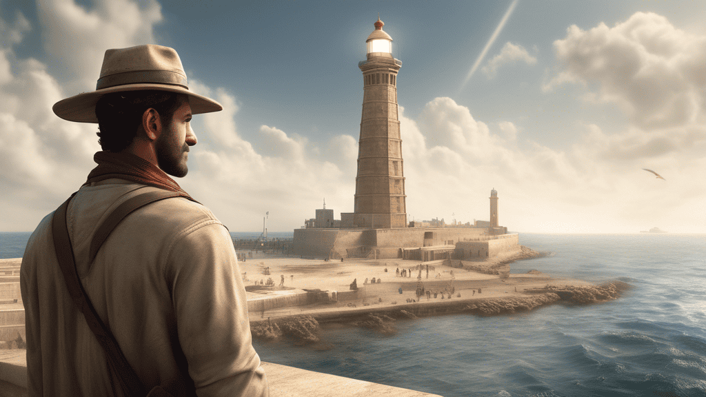 Create a photorealistic image of a traveler standing in front of the Lighthouse of Alexandria, with the city of Alexandria in the background. The traveler should be wearing a wide-brimmed hat and a ca
