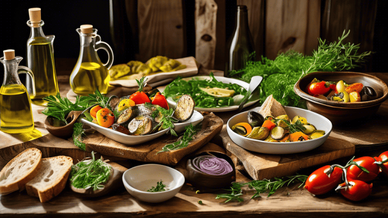 Create an image of a variety of dishes made with olive oil, such as a salad, roasted vegetables, grilled fish, and homemade bread, arranged together on a beautiful rustic wooden table with a bottle of