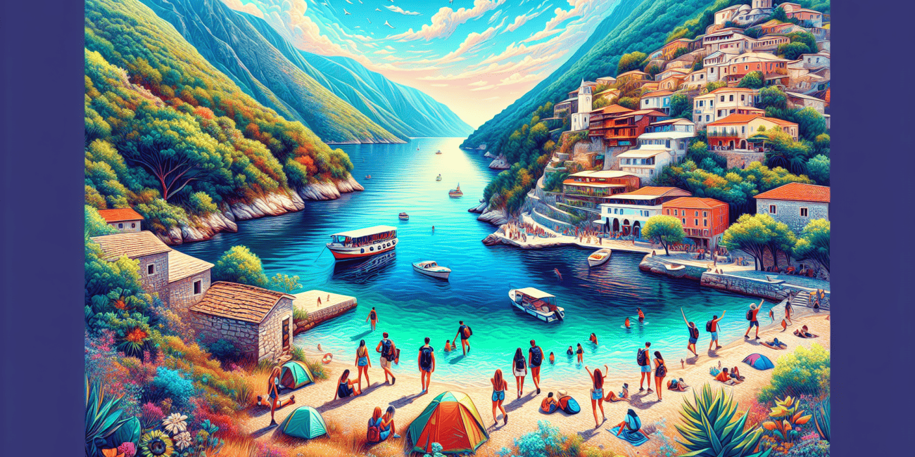 Create a vibrant illustration of a group of budget-friendly backpackers exploring the rugged yet stunning Adriatic coastline of Albania. The scene should include picturesque coastal villages, clear tu