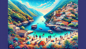 Create a vibrant illustration of a group of budget-friendly backpackers exploring the rugged yet stunning Adriatic coastline of Albania. The scene should include picturesque coastal villages, clear tu