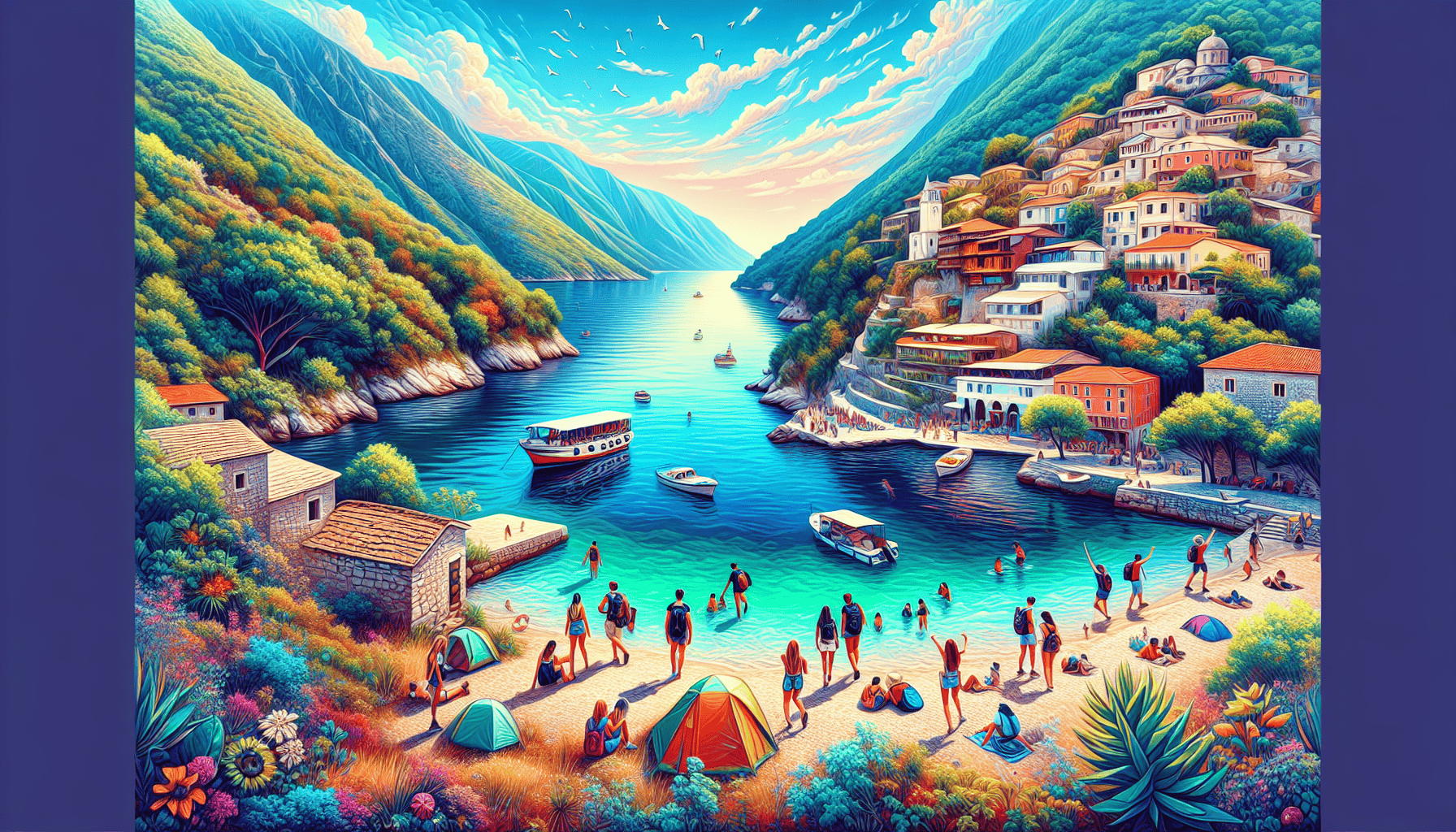 Create a vibrant illustration of a group of budget-friendly backpackers exploring the rugged yet stunning Adriatic coastline of Albania. The scene should include picturesque coastal villages, clear tu