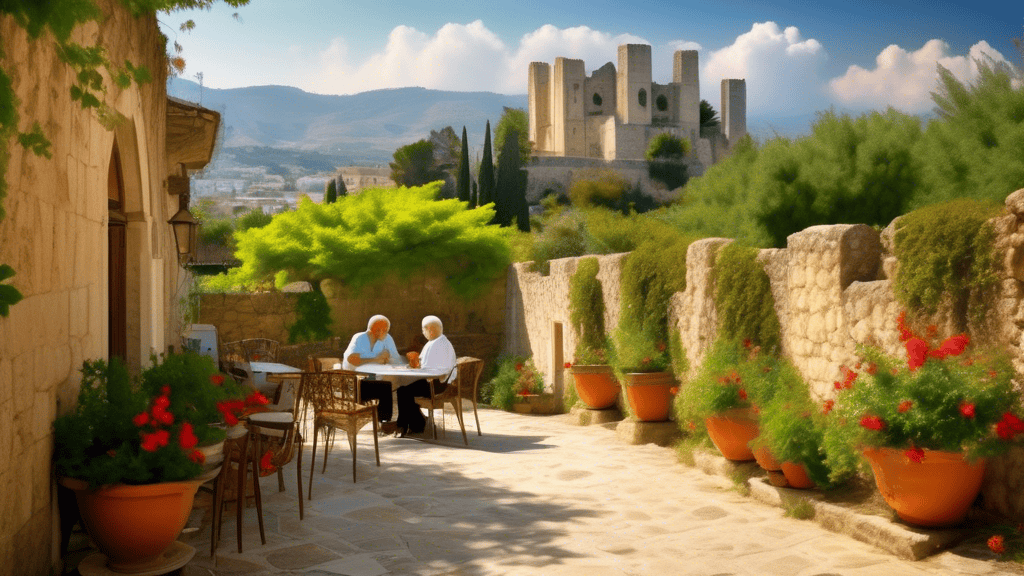 Create an image of Bellapais, Northern Cyprus, showcasing the picturesque landscape with its historic abbey, traditional Mediterranean architecture, and lush greenery. Include an expatriate couple enj