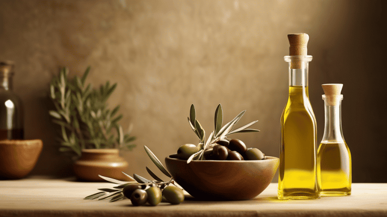Create an image of a serene Mediterranean kitchen setting, with a bottle of olive oil as the focal point. Surround the bottle with fresh olives, olive branches, and a small bowl of the golden oil. Dis