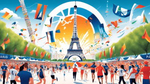 Create an image depicting a vibrant scene of the Paris 2024 Olympics, showcasing a mix of iconic Paris landmarks like the Eiffel Tower and the Champs-Élysées, alongside Olympic sports events. Include