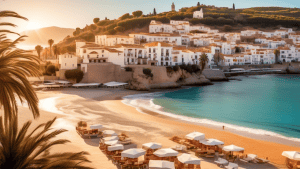 A picturesque coastal town in Spain during winter, with clear blue Mediterranean waters, empty pristine beaches, and quaint whitewashed buildings with terr