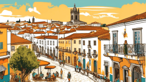 Create a vibrant illustration of the historic city of Evora in Portugal, highlighting its beautiful architecture, sunny weather, and relaxed lifestyle. Sho