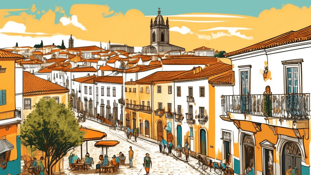 Create a vibrant illustration of the historic city of Evora in Portugal, highlighting its beautiful architecture, sunny weather, and relaxed lifestyle. Sho