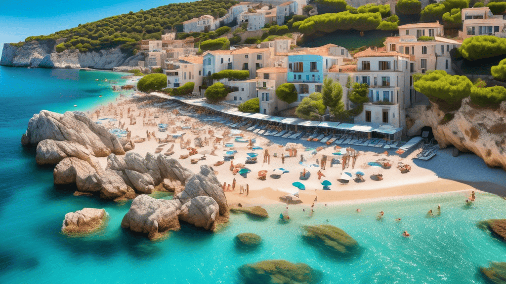 A picturesque montage of the world's best nude beaches around the Mediterranean and Adriatic seas. The scene features stunning coastlines with sparkling cl