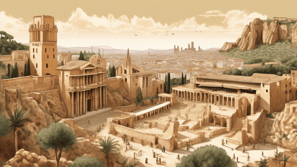 Create a detailed illustration showcasing famous archaeological sites in Spain, including the Alhambra, Sagrada Familia, and the Roman amphitheater in Méri
