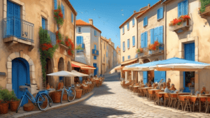 A picturesque coastal village in Languedoc-Roussillon, France, with charming Mediterranean architecture, cobblestone streets, vibrant local markets, and th
