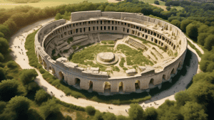 An aerial view showcasing the top archaeological sites in France. The composition includes the ancient Roman amphitheatre in Nîmes, the prehistoric cave pa