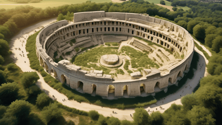 An aerial view showcasing the top archaeological sites in France. The composition includes the ancient Roman amphitheatre in Nîmes, the prehistoric cave pa