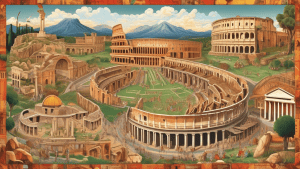 A vibrant and detailed collage showcasing top archaeological sites in Italy. Includes the grandeur of the Colosseum in Rome, the preserved ruins of Pompeii